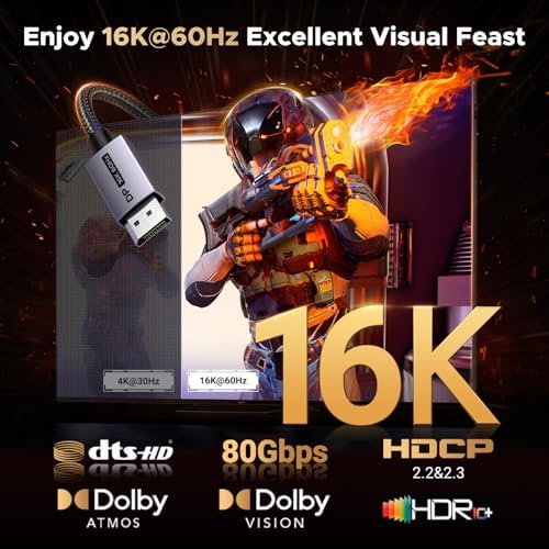 80Gbps DisplayPort Kablosu 2.1 16K@60Hz 8K@240Hz 4K@480Hz Ekran Bağlantı Noktası Kablosu 6.6FT DP Kablosu HDR, HDCP2.3, DSC1.2a, FreeSync, G-Sync, Alu Örgü Uyumlu Monitör, Grafik RTX 5090 4090 - Görsel 3
