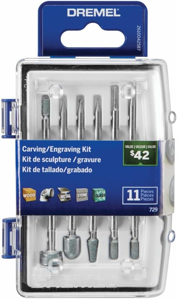 729-01 oyma ve gravür aleti aksesuar seti, 11 parça, sınıflandırılmış, ahşap, metal ve cam üzerinde kullanım için mükemmel