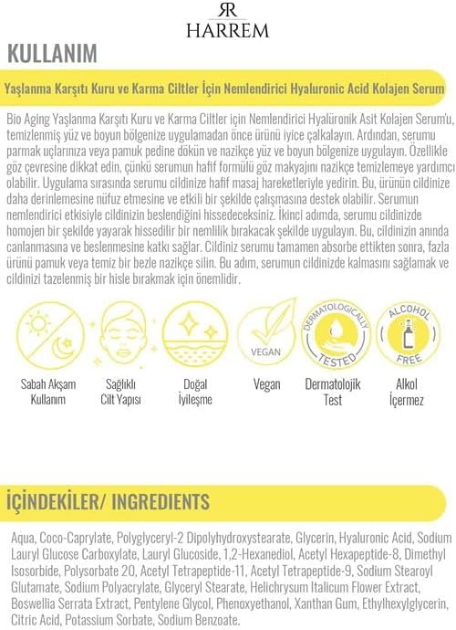 Bio Aging Yaşlanma Karşıtı Kuru ve Karma Ciltler için Nemlendirici Hyalüronik Asit Kolajen Serum 30 ML