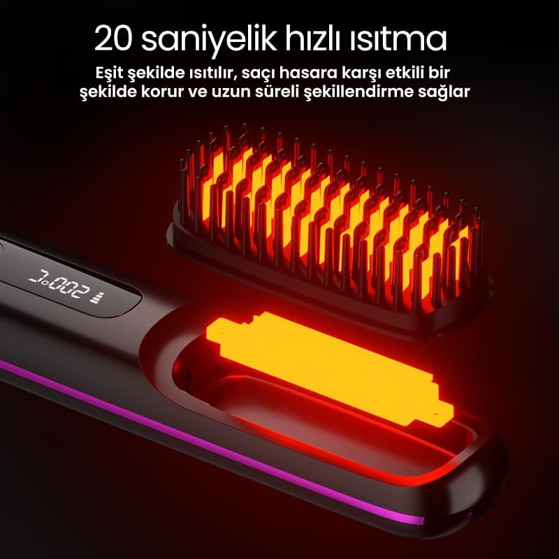 Alternative view of Şarjlı Taşınabilir İyonik Saç Düzleştirici Fön Tarağı – Elektrikli Isıtmalı Tarak Saç Şekillendirici ve Hacimlendirici (Pembe)
