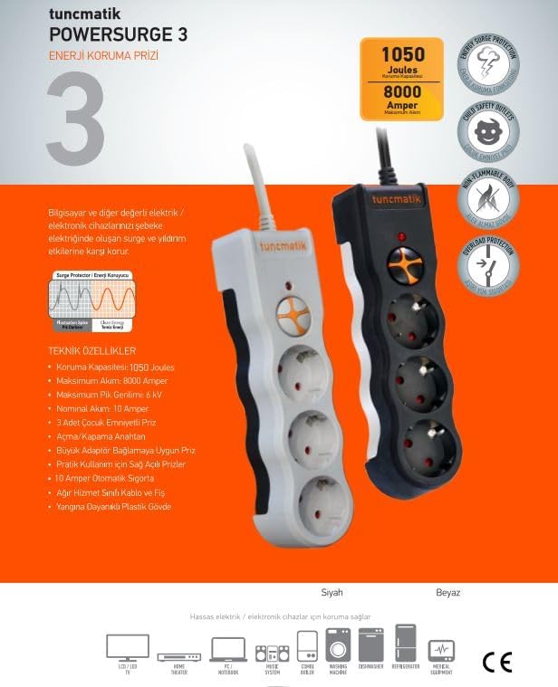 Alternative view of TSK19009 POWERSURGE 3-SURGE PROTECTION PLUG-1050 JOULE-WITH BEYAZ