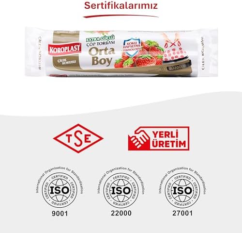 Çilek Kokulu Orta Boy Büzgülü Çöp Poşeti 15'li 55x60 cm, Kolay Bağlanır Kokulu Büzgülü Orta Boy Çöp Torbası, Sızdırmaz, Yırtılmaz, Geri Dönüştürülebilir Atık Torbası, Ekstra Güçlü Çöp Poşeti