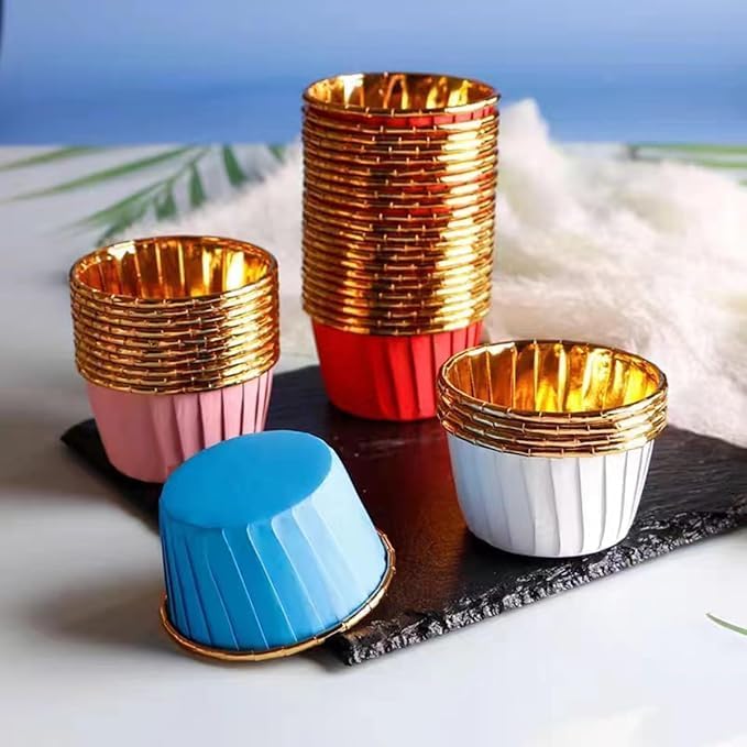 25li Muffin Kalıbı - kalıpları, Su Geçirmez ve Yağ Geçirmez Pişirme Kağıtları, Ev veya Parti İçin Alüminyum Folyo Pişirme Kek Kapları - Mavi-Altın
