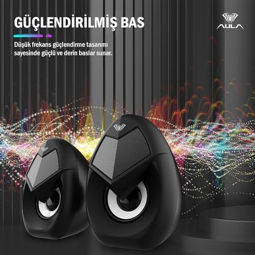 Aula N-69 2 * 3W RGB LED Işıklı Masaüstü Oyuncu Laptop PC Bilgisayar Hoparlörü - Görsel 3