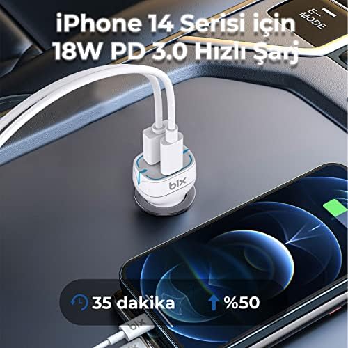 Alternative view of Bix BX-CCP36WT 38W Type-C PD 20W ve USB-A QC 3.0 18W Çift Portlu LED Işıklı Araç Şarj Cihazı Beyaz iPhone 15/14/13/12/11/X/, iPad, Galaxy S24/S23/S22/S21/S20 ve Daha Fazlasıyla Uyumlu BXCCP36WT