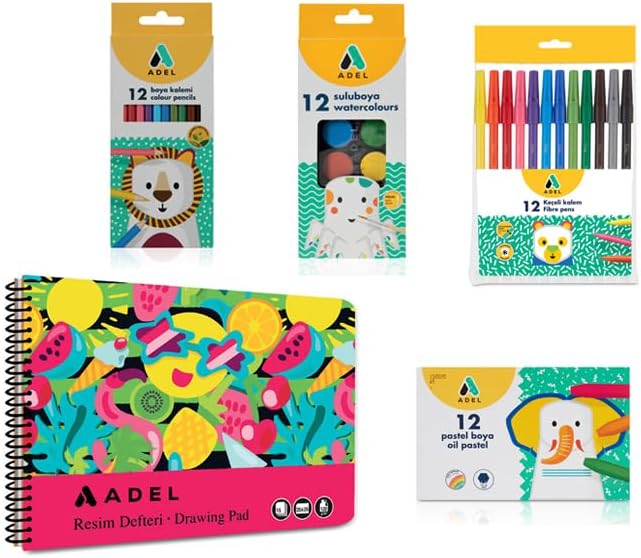 4’lü Boyama Seti + Resim Defteri 25x35, 12 Renk, Keçeli Kalem, Kuru,Pastel ve Sulu Boya, Fırça Dahil