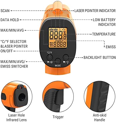 ThermoPro TP30 Yüksek Hassasiyetli Profesyonel Kızılötesi Termometre, -50°C ila 550°C (-58°F ila 1022°F) Ayarlanabilir Emisiviteli Dijital Lazer Termometre (Vücut Kullanımı İçin Değildir)