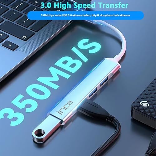 Inca IUSB-04TXT USB-C Hub, 4 Bağlantı Noktalı, 1x USB 3.0 + 3x USB 2.0, İnce Alüminyum Kasa - Görsel 3