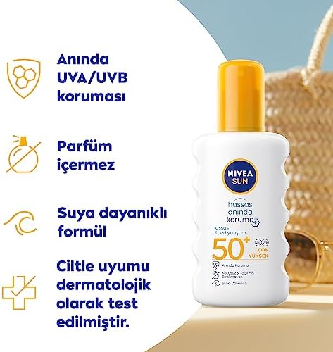 SUN SPF50 Anında Güneş Koruyucu Sprey 200ml, Hassas Ciltler İçin Yatıştırıcı, UVA UVB Koruması