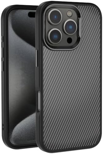ile uyumlu 16 Pro Kılıf Karbon Fiber Görünümlü Parlak Kamera Çerçeveli Venus Kapak Siyah