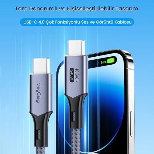 Alternative view of USB 4.0 E-Mark 240W 40Gbps Thunderbolt 4 8K 60Hz Type-C Görüntü Hızlı Şarj ve Data Kablosu 1 Metre