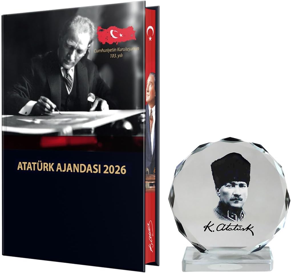 2026 Atatürk Ciltli Ajanda ve Müzkli ve Kristal Portre