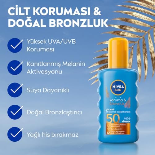 SUN SPF50 Koruma Ve Bronzluk Güneş Spreyi 200ml, Doğal Bronzluk, Suya Dayanıklı,Melanin