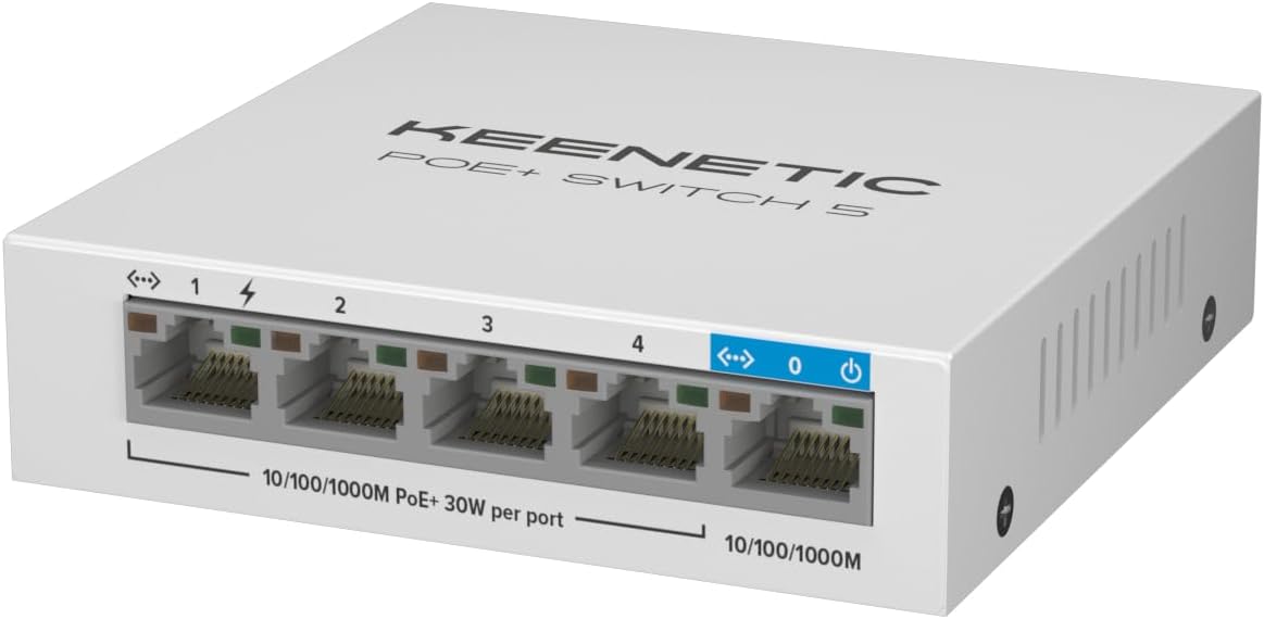 Keenetic PoE+ Switch 5, 1x1Gbit, 4x1Gbit PoE+ Port, IEEE 802.3af/at (max.30W/port), 60Watt