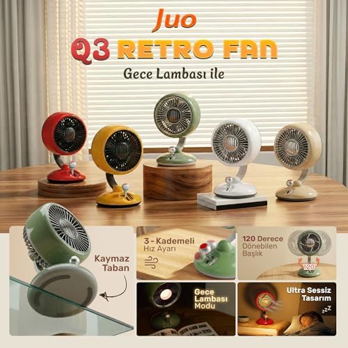 Q3 120° Salınımlı 3 Kademeli LED Işıklı Şarjlı Masaüstü Fan Vantilatör Retro Kırmızı - Görsel 3
