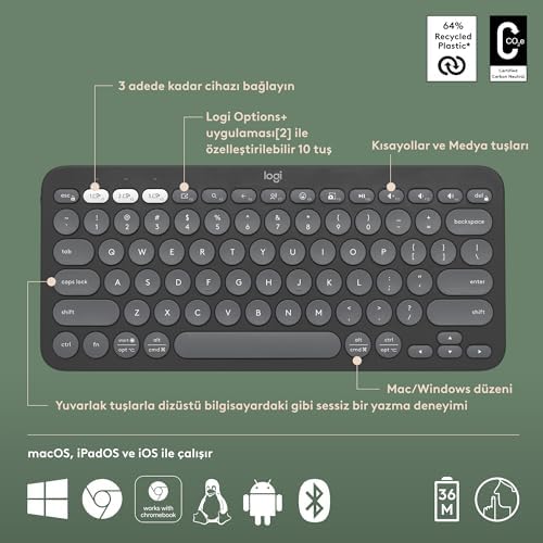Pebble Keys 2 K380S 920-011859 Siyah TKL Q Kablosuz Klavye - Görsel 3