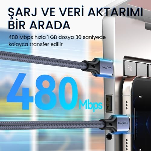 Alternative view of 100W 5A E-Mark Çipli PD Type-C to Type-C Hızlı Şarj ve Data Kablosu 2 Metre