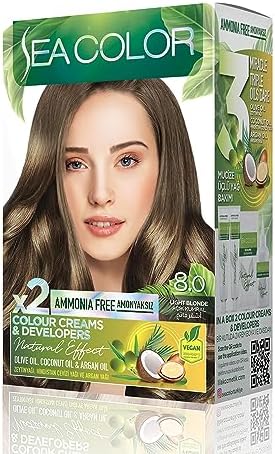 Amonyaksız, Vegan, Doğal, Besleyici Kalıcı Saç Boyası%100 Beyaz Kapama (1 PAKET 2 x 50 ml Boya & OKSİDAN) (Açık Kumral 8.0)