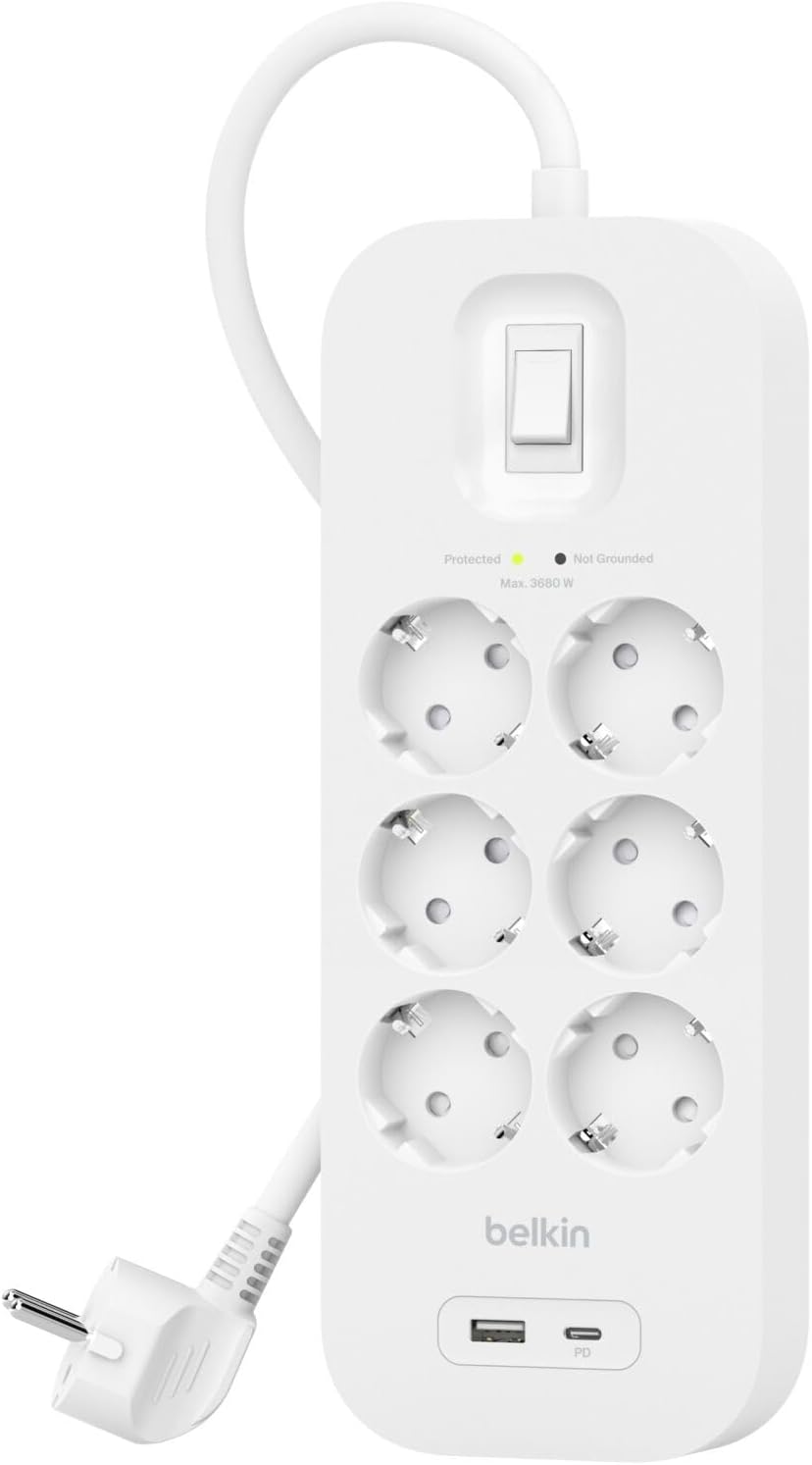 Alternative view of Belkin 6'lı çoklu priz, yüksek gerilim korumalı, duvara montaj, 6 priz, 2 m güç kablosu, yeşil ışıklı gösterge, hızlı şarj için USB-C ve USB-A bağlantısı; 650 jul koruma