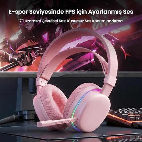 Aula G7 Tri Mode Kablosuz RGB Gaming Mikrofonlu Oyuncu Kulaklığı 40mm Driver Gürültü Engelleyici Pembe