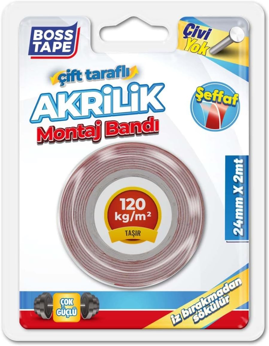 Tape Seffaf Çift Tarafli Akrilik Montaj Bandi, 24 mm x 2 m, Kirmizi