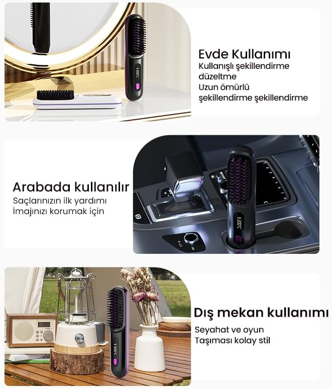Şarjlı Taşınabilir İyonik Saç Düzleştirici Fön Tarağı – Elektrikli Isıtmalı Tarak Saç Şekillendirici ve Hacimlendirici (Pembe)