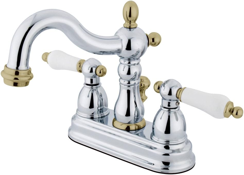 Brass KB1604PL Heritage 4 İnç Centerset Lavabo Bataryası Porselen Kol Saplı, Parlak Krom ve Parlak Pirinç