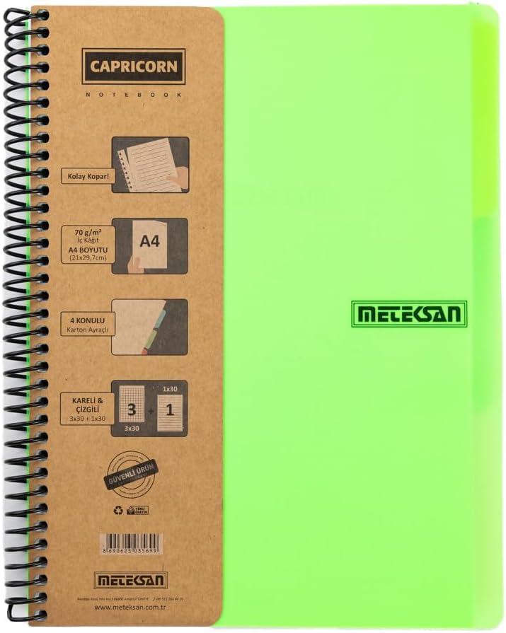 Capricorn Neon Serisi, A4, 6 Konulu (3 Kareli, 3 Çizgili) 180 Yaprak PP Kapaklı Spiralli Defter, Yeşil