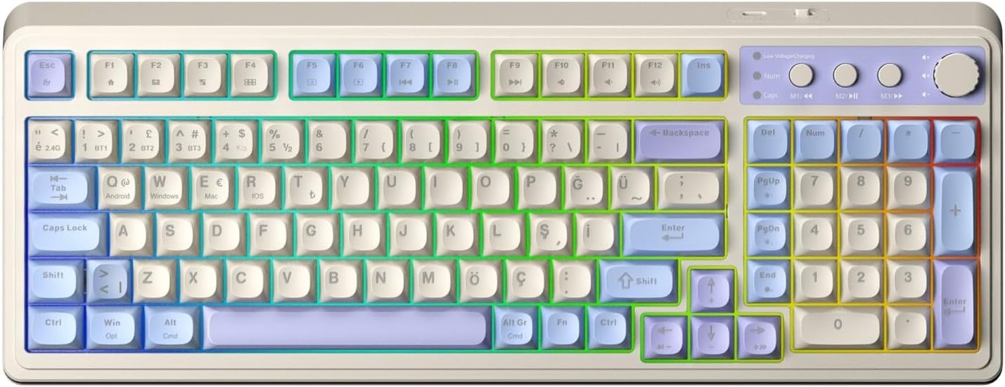 Aula S99 Retro RGB Gaming 3 Modlu Bluetooth/2.4GHz/USB-C Kablosuz Makrolu Türkçe Q Klavye Mavi - Görsel 3