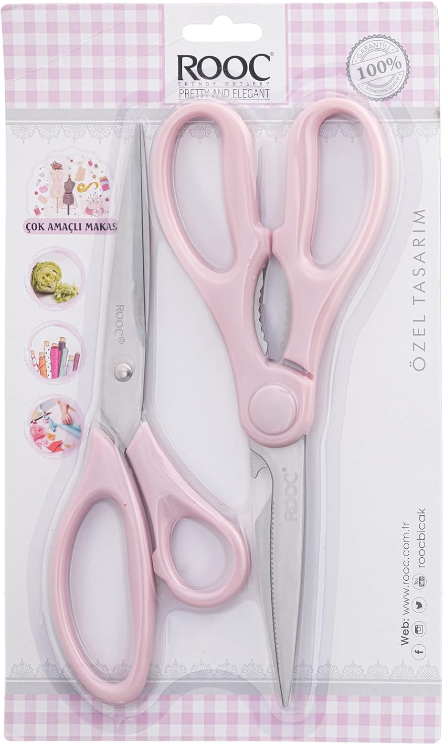 Premium Serisi Ergonomik Saplı Çelik Gıdaya Temasa Uygun 2'li Mutfak Makası, Pembe