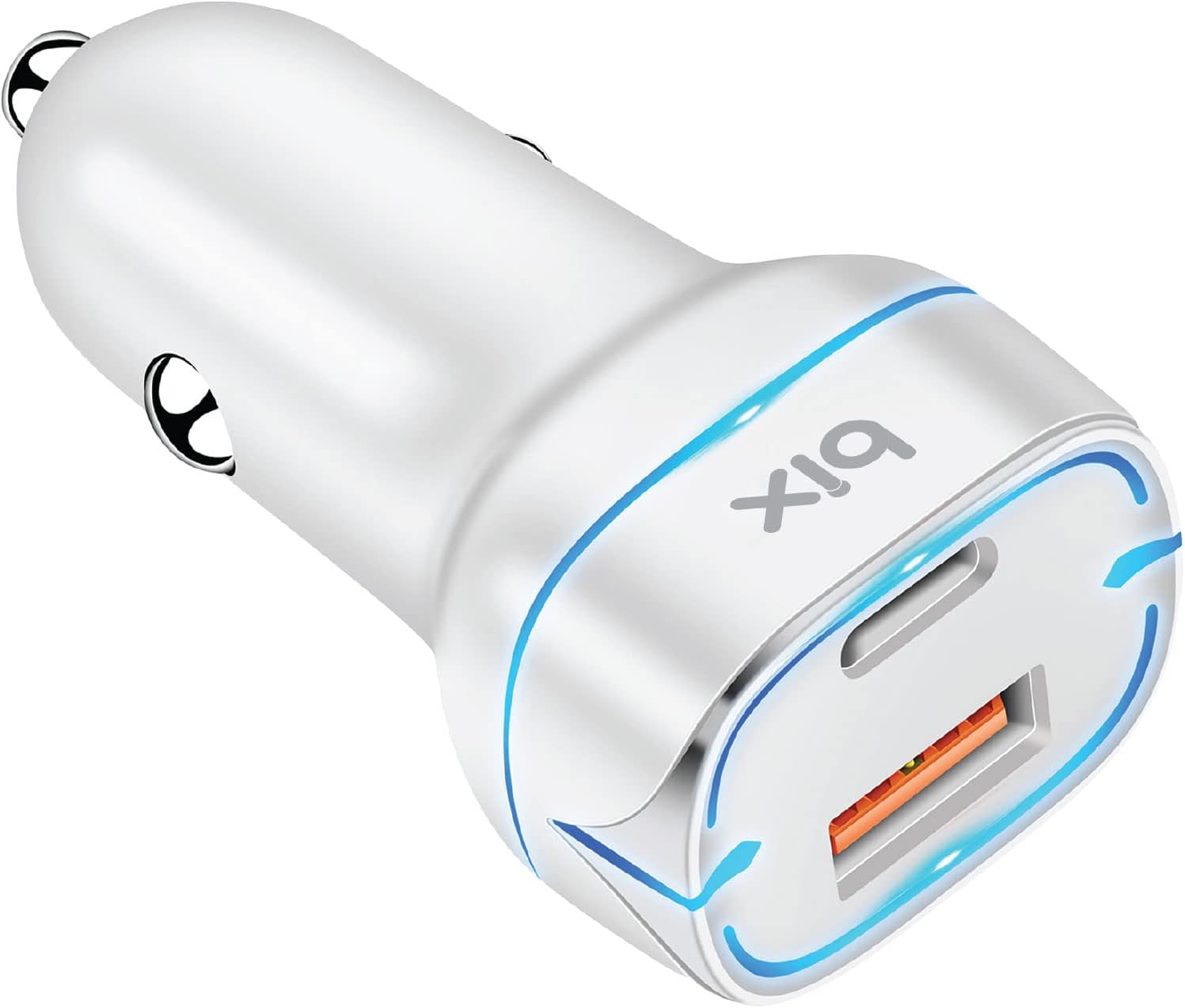 Bix BX-CCP36WT 38W Type-C PD 20W ve USB-A QC 3.0 18W Çift Portlu LED Işıklı Araç Şarj Cihazı Beyaz iPhone 15/14/13/12/11/X/, iPad, Galaxy S24/S23/S22/S21/S20 ve Daha Fazlasıyla Uyumlu BXCCP36WT