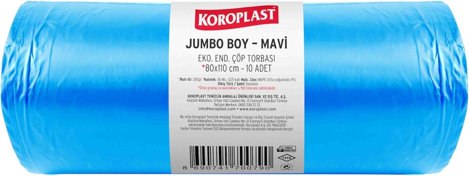 Ağır Sanayi Çöp Torbası Jumbo Boy Mavi 10'lu 80x110 cm, Dayanıklı & Sızdırmaz, Çift Katlı, Geri Dönüştürülebilir Çöp Poşeti, Fabrika, Şantiye, Sanayi, Bahçe, Restoran, Otel, Hastane, Atölye