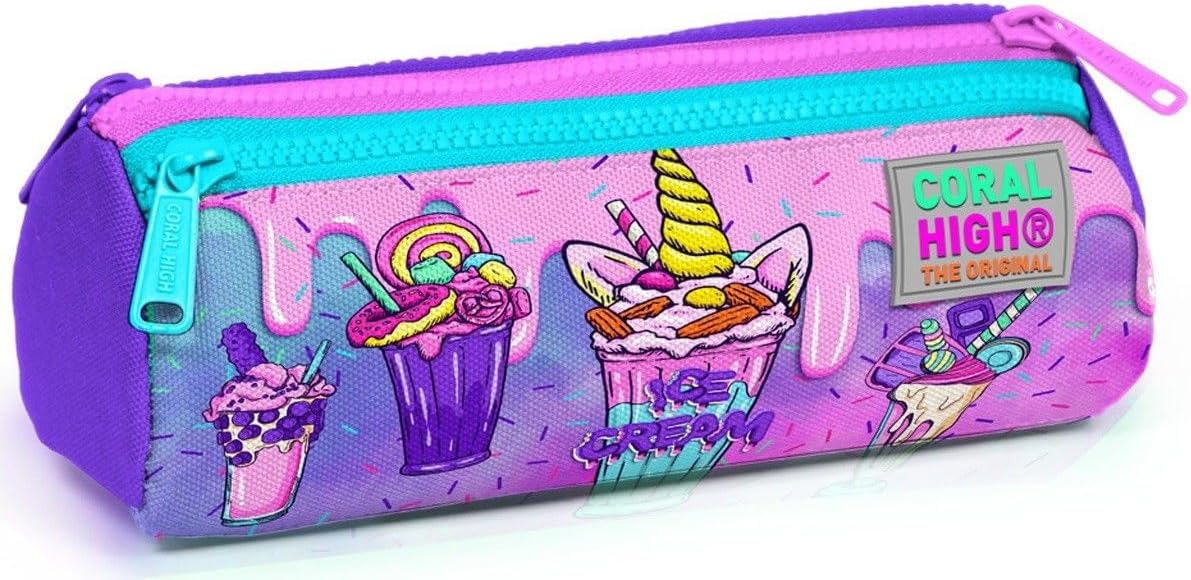 Pembe Mor Dondurma Üç Bölmeli Kalem Çantası - Kız Çocuk