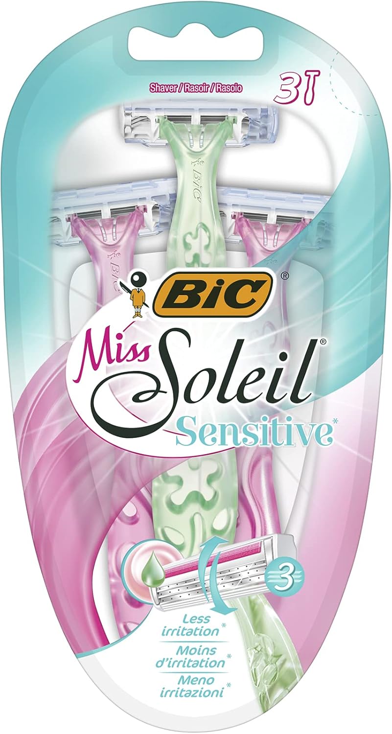 BIC Soleil Sensitive Kadın Tıraş Bıçağı 3'lü Blister (3 Bıçak), Oynar Başlık, Aloe ile Zenginleştirilmiş Kayganlaştırıcı Jel Şerit