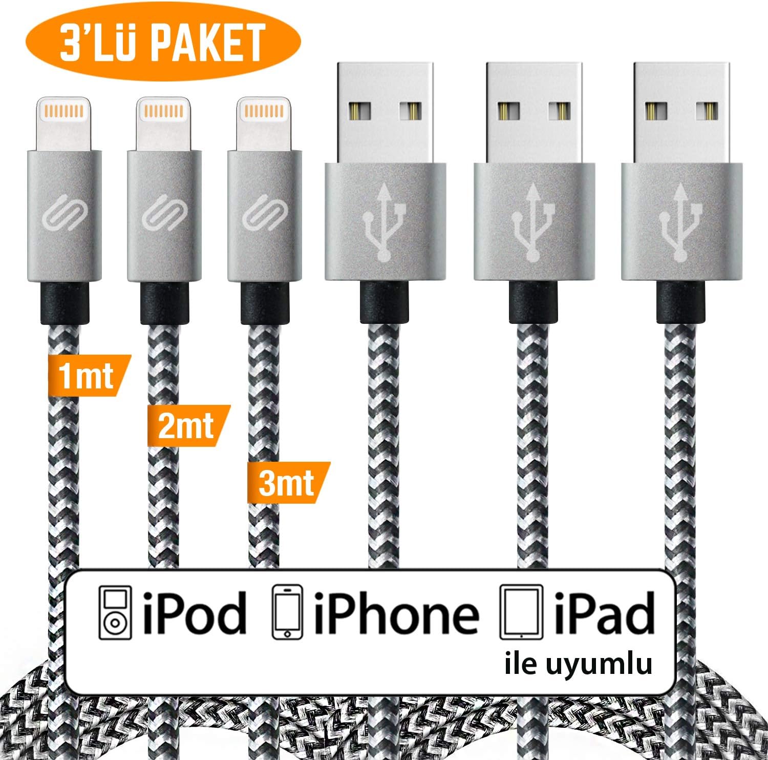 Hızlı USB Lightning Kablo – 3’lü Şarj Kablosu Seti - XS/X/8 Plus/7/7 Plus/6/6 Plus/6s/6s Plus/5/5s/5c/SE&iPad ile Uyumlu – Siyah Beyaz