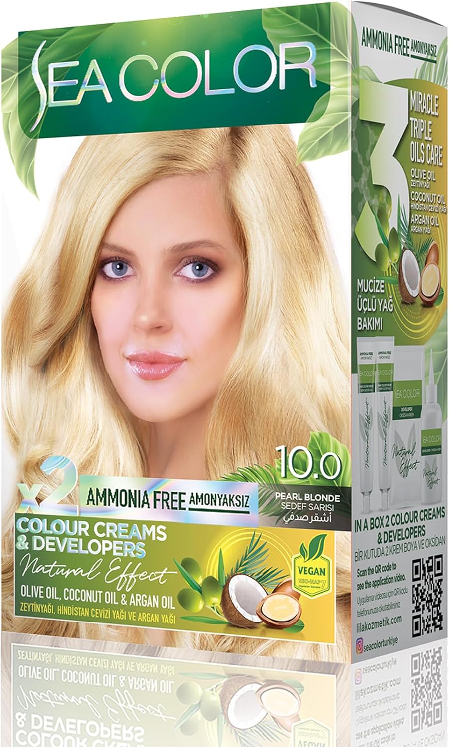 Amonyaksız, Vegan, Doğal, Besleyici Kalıcı Saç Boyası%100 Beyaz Kapama (1 PAKET 2 x 50 ml Boya & OKSİDAN) (Sedef Sarısı 10.0)