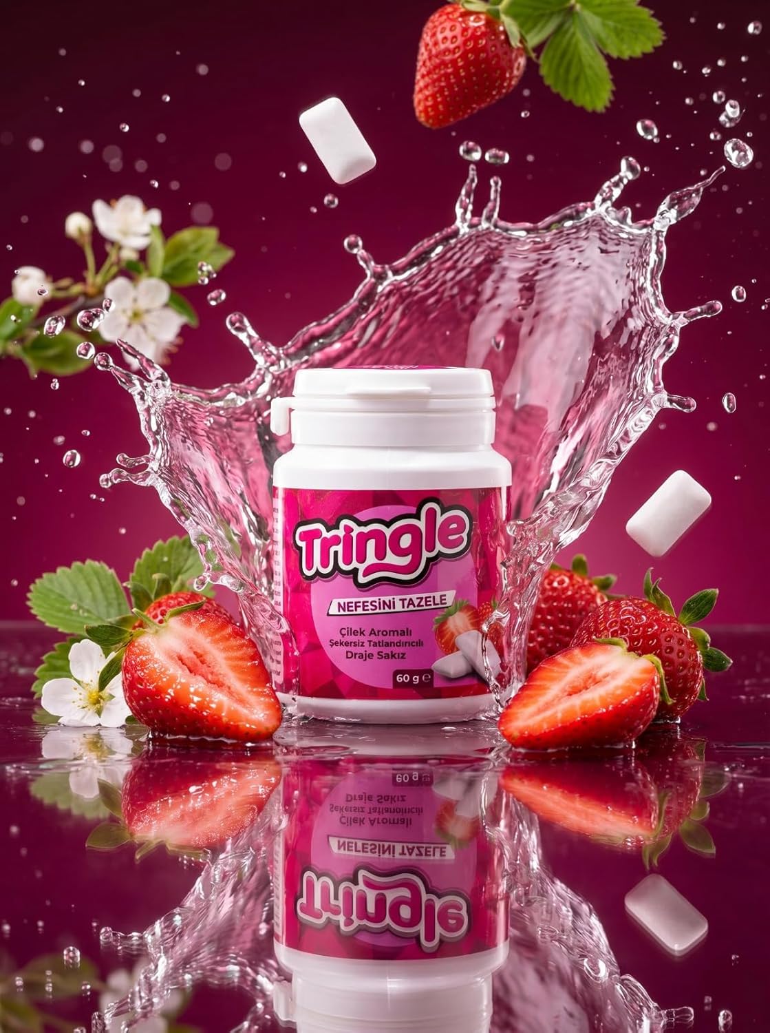 Tringle Çilek Aromalı Draje Sakız 60 g | Şekersiz Tatlandırıcılı | Çilek Aromalı Pratik Draje Sakız | Günlük Kullanıma Uygun