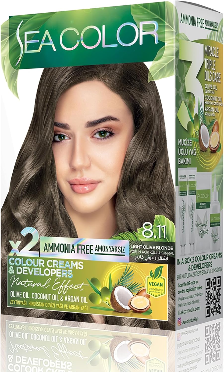 Alternative view of Amonyaksız, Vegan, Doğal, Besleyici Kalıcı Saç Boyası%100 Beyaz Kapama (1 PAKET 2 x 50 ml Boya & OKSİDAN) (Yoğun Küllü Açık Kumral 8.11)