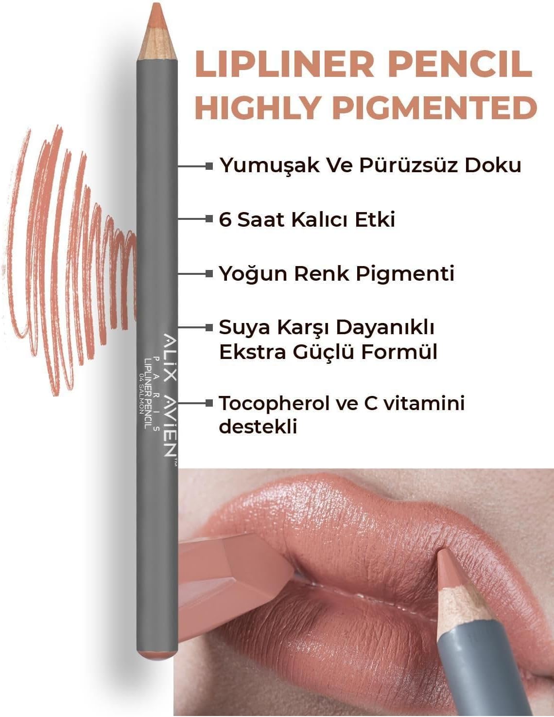 Uzun Süre Kalıcı Dağılma Yapmayan Nemlendirici Dudak Kalemi - Lipliner Pencil 04 Salmon