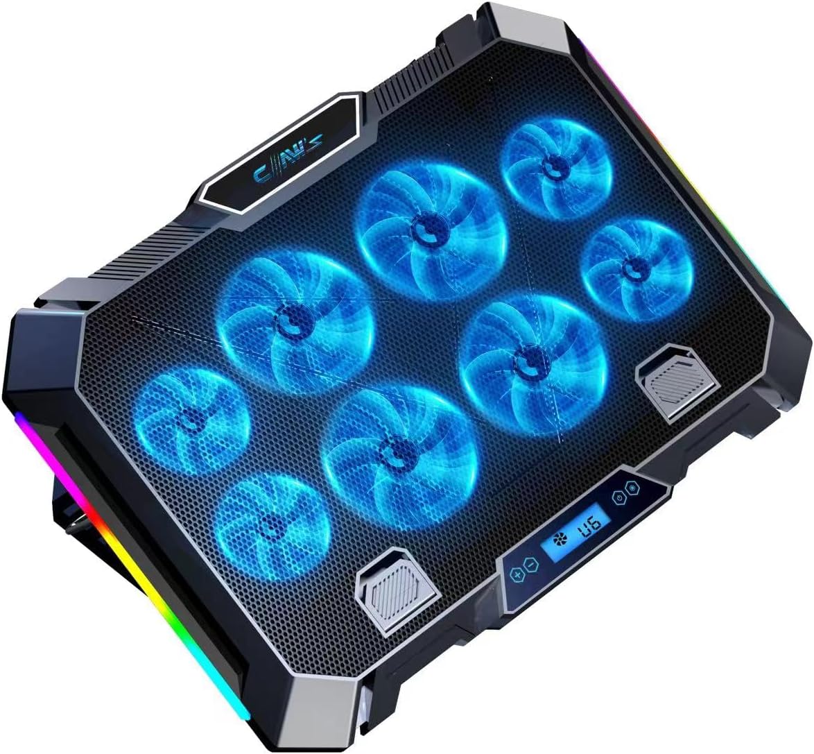 8x Turbo LED Fan - 10 Modlu RGB - LCD Ekran - Ayarlabilir Fan Hızı - 7 Kademeli Stant - 2x USB - Metal Mesh Zemin Notebook Soğutucu