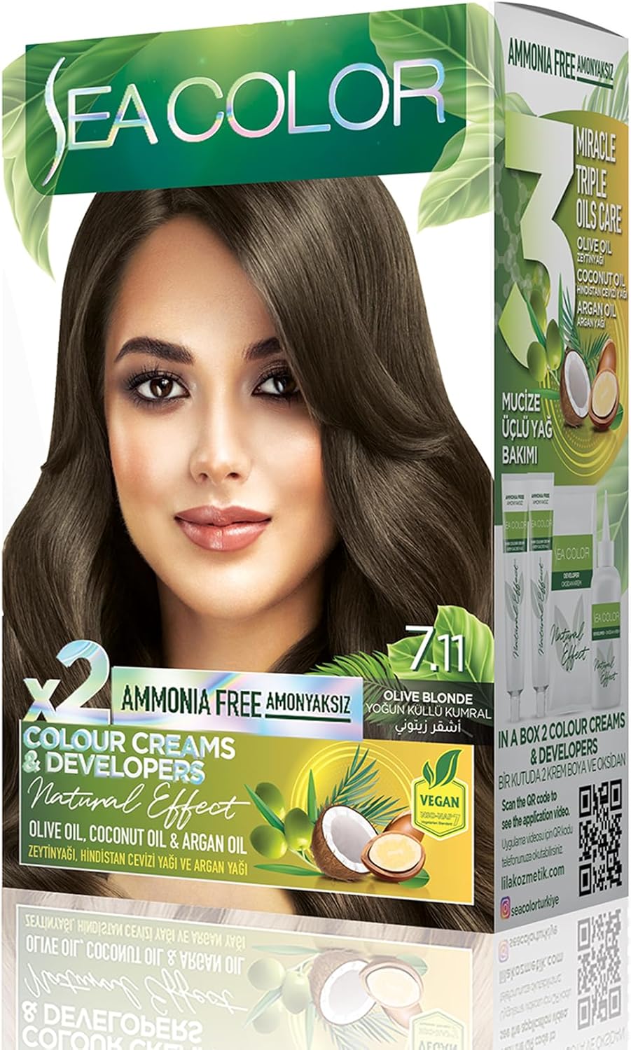 Amonyaksız, Vegan, Doğal, Besleyici Kalıcı Saç Boyası%100 Beyaz Kapama (1 PAKET 2 x 50 ml Boya & OKSİDAN) (Yoğun Küllü Kumral 7.11)