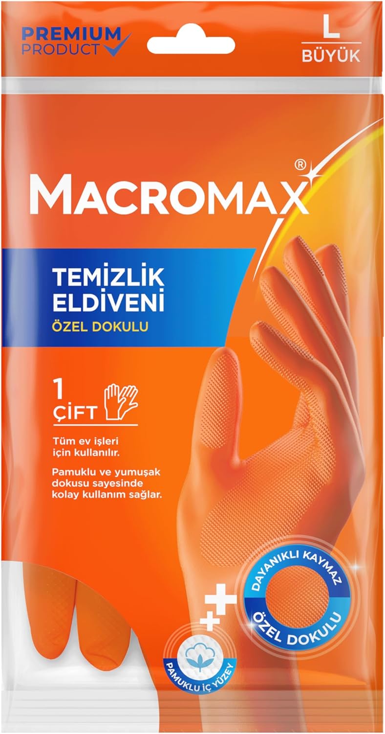 Macro Max Büyük Boy Large Beden Temizlik Eldiveni Pamuklu İç Yüzeyli, Kaydırmaz Desenli - Görsel 3