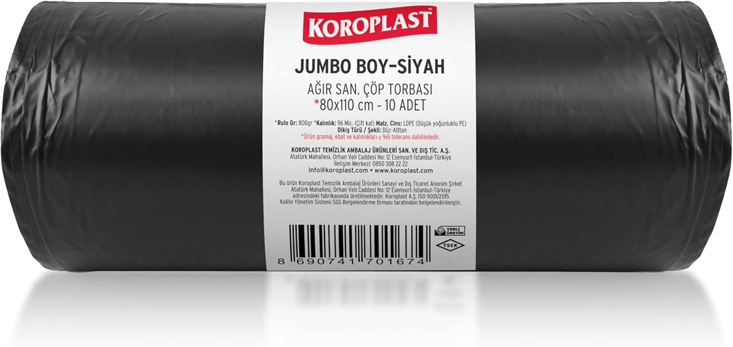 Ağır Sanayi Çöp Torbası Jumbo Boy Siyah 10'lu 80x110 cm, Dayanıklı & Sızdırmaz, Çift Katlı, Geri Dönüştürülebilir Çöp Poşeti, Fabrika, Şantiye, Sanayi, Restoran, Otel, Hastane, Atölye