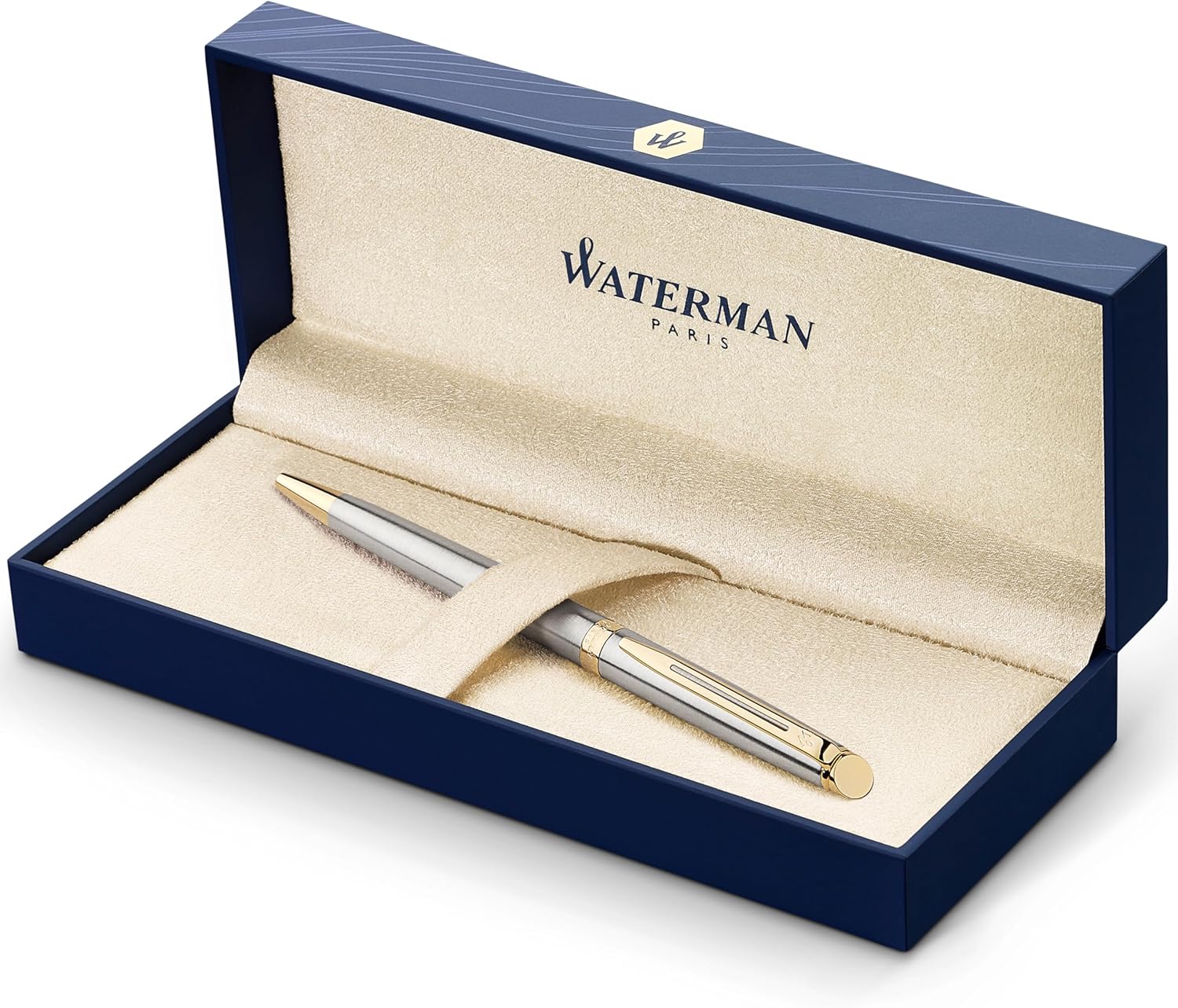 Waterman Hemisphere Paslanmaz Çelik Altın Tasarımlı Tükenmez Kalem, Orta Kalınlıkta Uç, Mavi Mürekkep