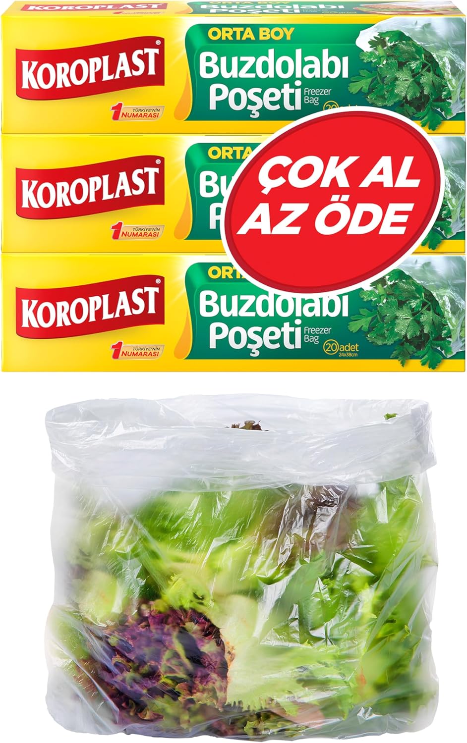 Alternative view of 3'lü Çok Al Az Öde Ekonomik Paket Orta Boy 60'lı Buzdolabı Poşeti, Sızdırmaz & BPA İçermez Gıda Saklama Torbası, Et, Tavuk, Balık, Sebze, Meyve, Çorba, Sos, Peynir, Kuruyemiş, Sandviç