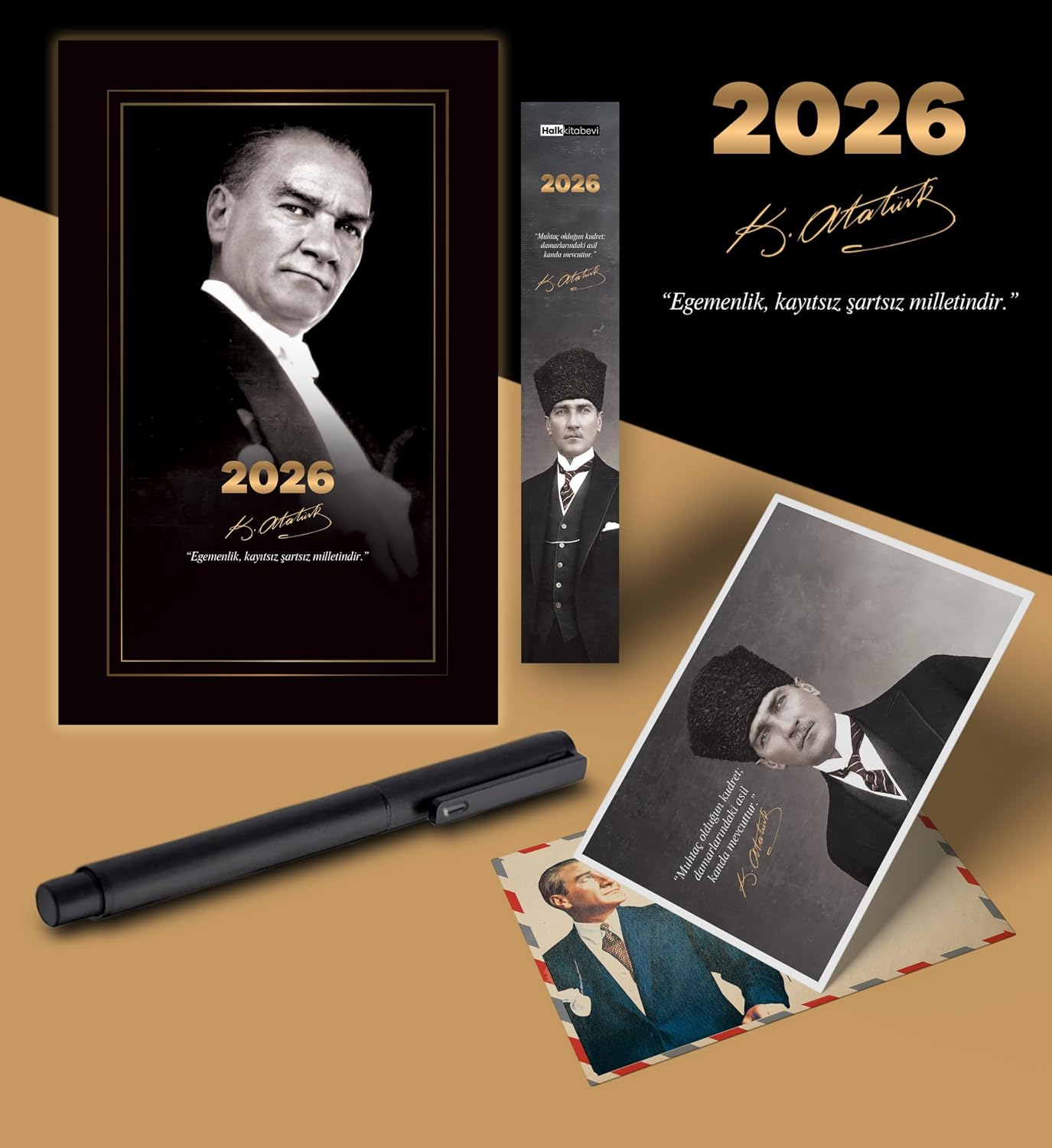 2026 Gazi Paşa Atatürk Ajandası Ayraç Kartpostal Kalem - Siyah
