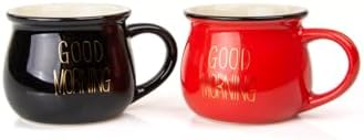 2'Li Emaye Görünümlü Renkli Porselen Kupa Seti Good Morning Gold Yazılı 250 Ml,Siyah & Kırmızı - Görsel 3