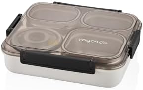 1200ml Lunchbox Tek Katlı 4 Bölmeli ve Kaseli Çelik Sefer Tası Yemek Kutusu (Siyah)