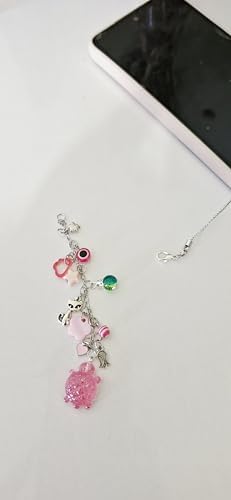 Alternative view of Çok Renkli Telefon Askısı, Gümüş Zincir, Kaplumbağa ve Kedi Figürlü, Nazar Boncuklu, Pembe Aksesuarlı Charm