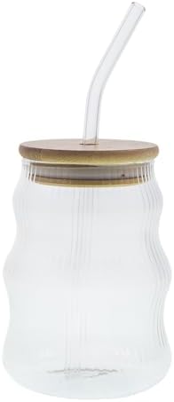 500ml Bambu Kapaklı Cam Bardak, Cam Pipetli Silikon Kapak Contalı İnce Çizgi Desenli Sıcak Soğuk İçecekler için Kahve Meyve Suları ve Çayları için Ergonomik Şık Tasarım - Görsel 3